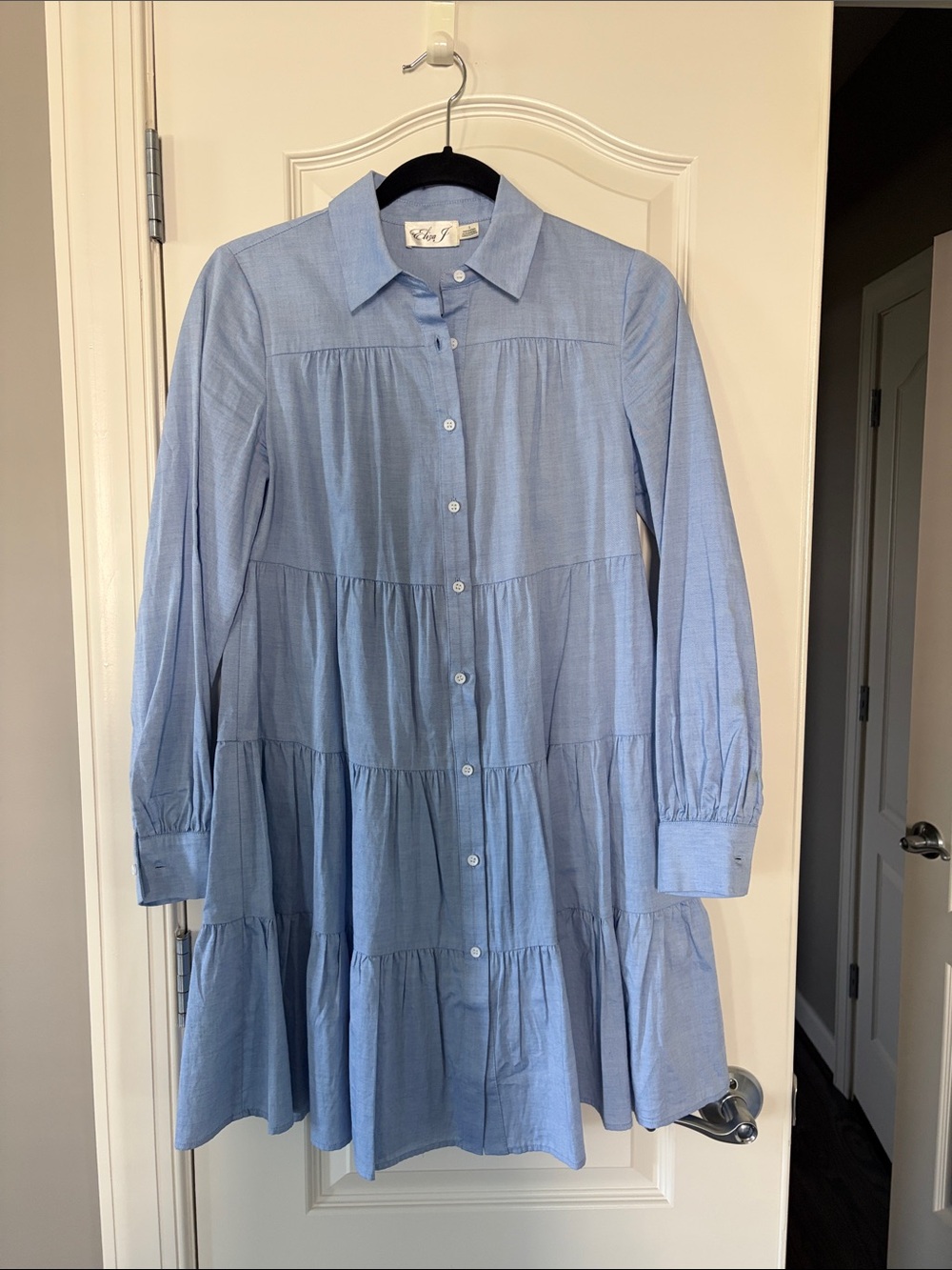 Eliza J Light Blue Tiered Button-Front Chambray Dress